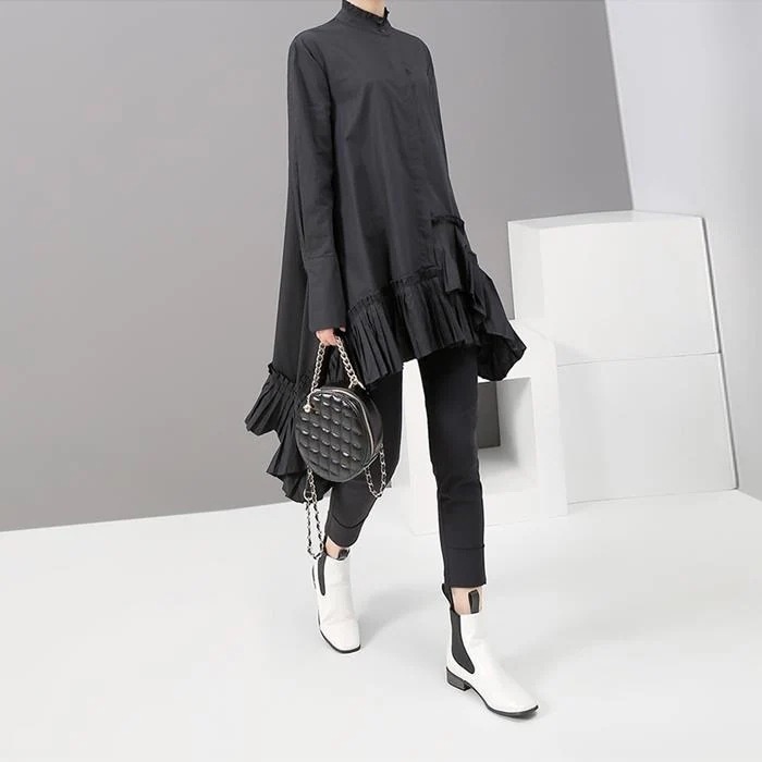 アシンメトリー ロングワンピース レディース 長袖 春 ロングワンピ ダブルフリル フィッシュテール ワンピース ティアード ヘムカット ワンピ イレギュラーヘム ゴシック モード系 ドレー