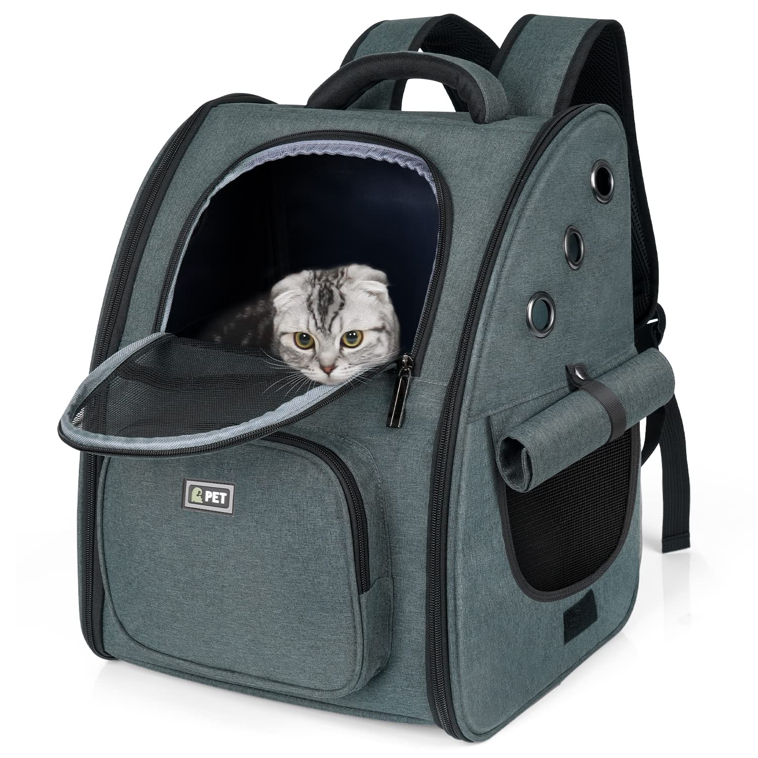 Tresbro 最新型 犬 猫 リュック カーテン付きの ペットキャリー 折り畳み式 きゃりーバッグ 小型犬・小動物用 旅行/通院/災害避難に最適 お出かけ バッグ ダークグレー