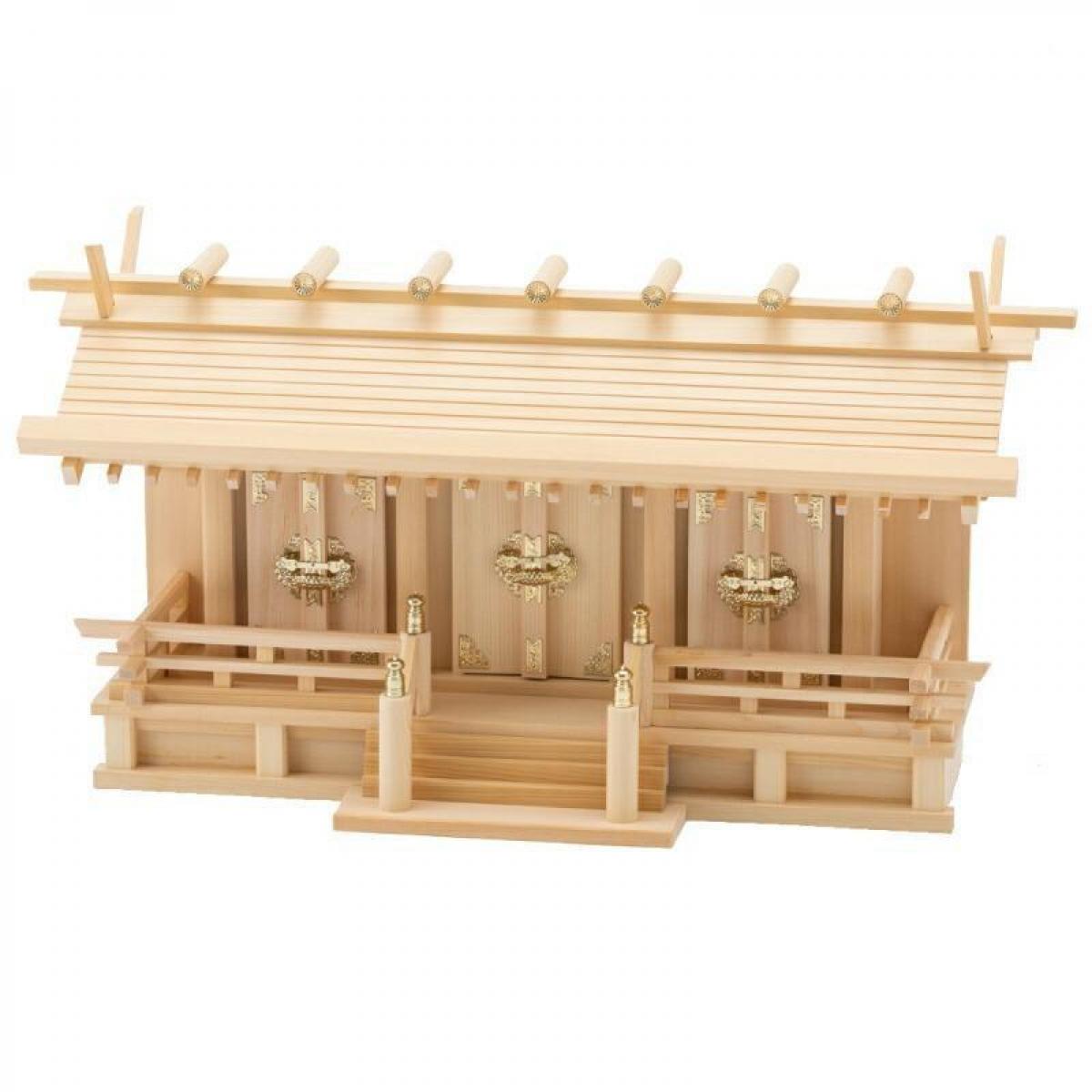 【お取り寄せ～2週間】静岡木工 神棚の里 通し屋根違三社 月読（つくよみ） 木曽桧 低床 神棚 高級 低床 木曽檜（ひのき）本金具