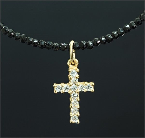 クロス ブラック ダイヤモンド ネックレス ユニセックス 刻印有 キラキラ (18k YG