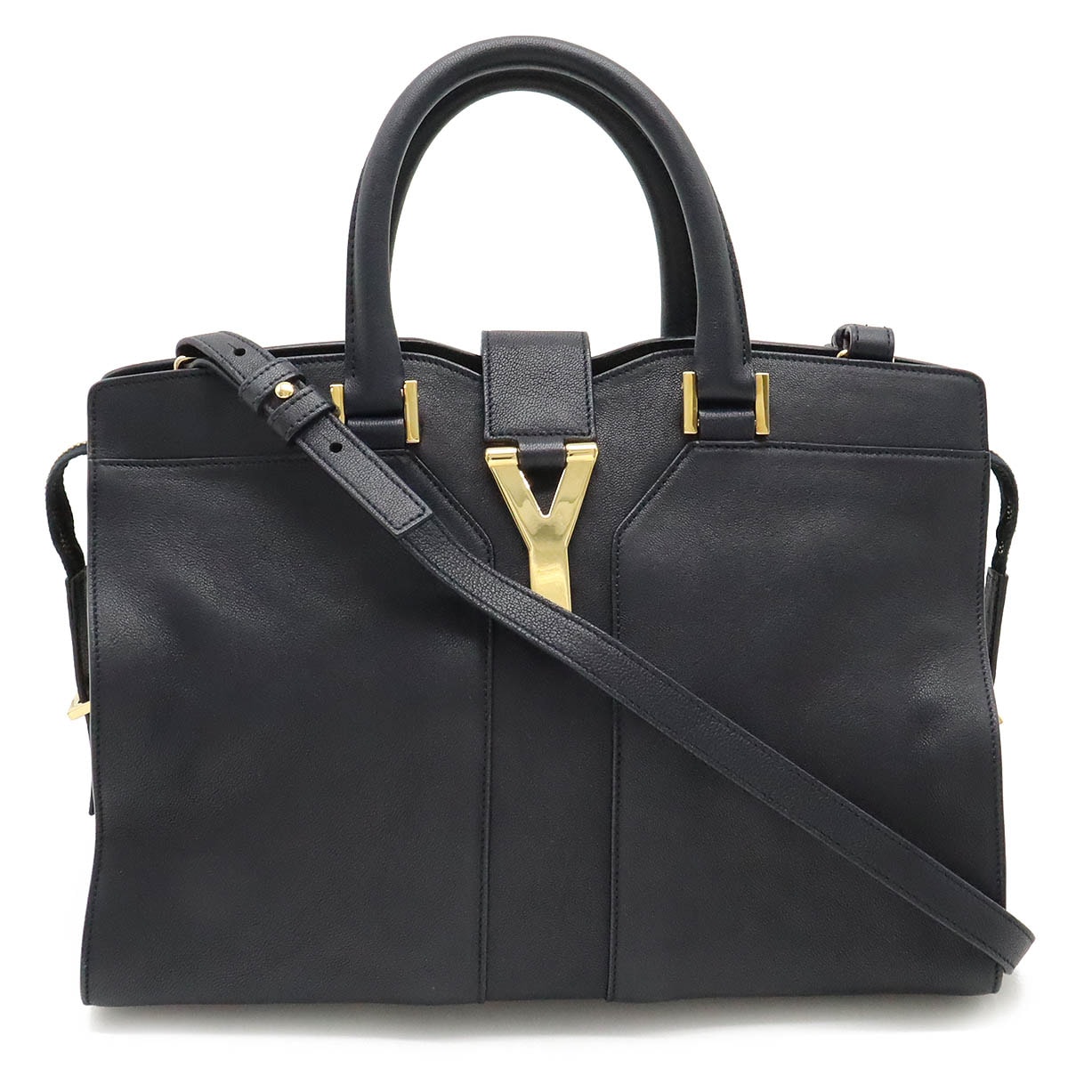 YSL イブサンローラン Yライン カバスシック ハンドバッグ 2WAY ショルダー レザー ブラックネイビー系 370699