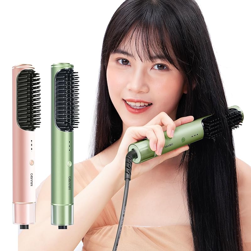 ORIVIN ヘアアイロンブラシ ヒートブラシ 縮れフリー やけど防止 恒温制御 サロン用 家庭用 ストレートブラシ (Green)