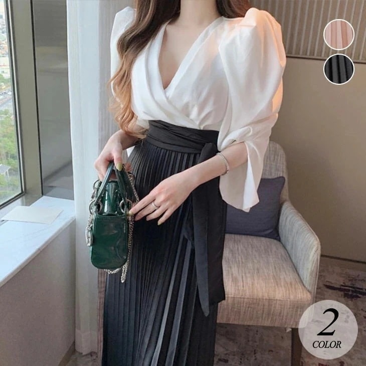 Vネック ドレス ワンピース レディース 春 秋 プリーツワンピース ロングワンピース ワンピースドレス イレギュラー セットアップ風ワンピース きれいめ お洒落 パーティー フォーマル 韓国ファッシ 6,294円