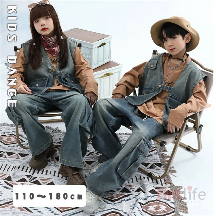 キッズダンス衣装 セットアップ ヒップホップ 衣装 ダンスファッション ダンス衣装 キッズ 男の子 ガールズ デニムベスト デニムパンツ 長袖Tシャツ 韓国 団体服 舞台衣装 練習着 応援団 体操服