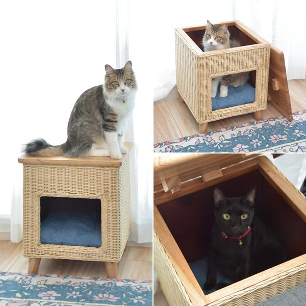ペットハウス ネコ 猫 ねこ スツール 椅子 サイドテーブル 収納 脚付き インテリア カントリー デザイン ラタン素材 天然木製 遊び場 ペット クッション付き 13,663円