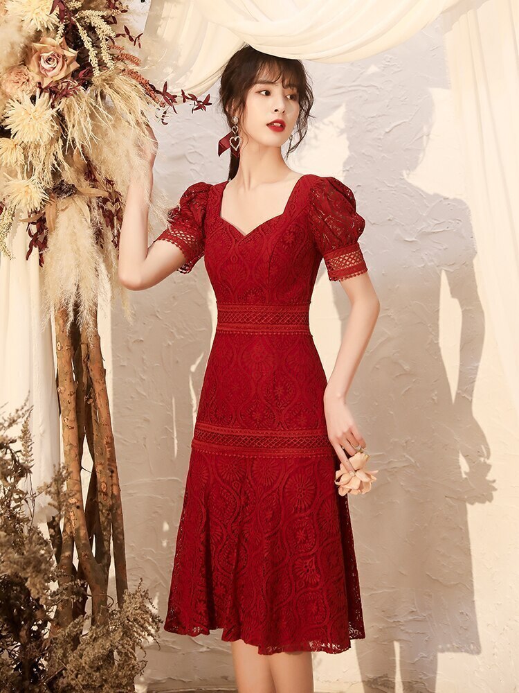 ドレス ワンピース パーティードレス 膝下 l 袖あり 半袖 パフスリーブ ワイド Vネック 切り替えデザイン 細身 レース 刺繍 ハイウエスト 透け感 かわいい 大人可愛い きれいめ 大 12,746円