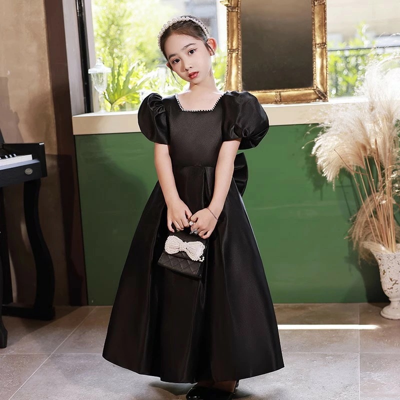 ピアノ発表会ドレス 子供ドレス ブラック ホワイト サテン ロングドレス 演奏会ドレス 女児ドレス 黒 白 パール パフスリーブ バックリボン オシャレ 可愛い 女の子ドレス 子どもドレス スパンコー