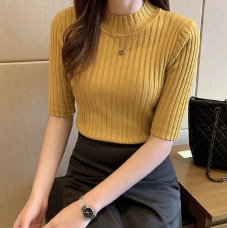 トップス デート カットソー ニットソー セーター 袖あり 半袖 スリム タイト 細身 夏 10代 個性的 イエロー ベージュ ブラック フリーサイズ こなれ感 エレガント クール モード系