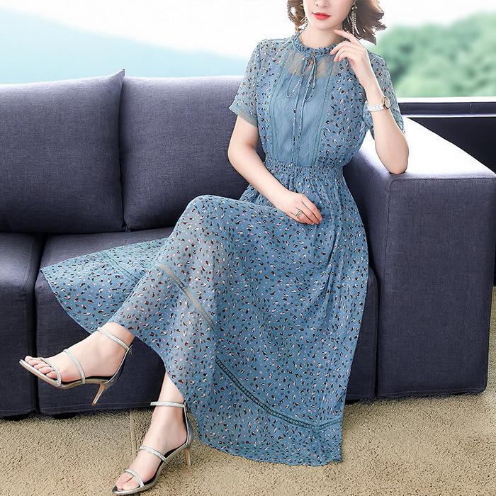 ワンピース レディース マキシワンピース 夏新作 半袖ワンピース 花柄シフォンワンピース Aラインスカート オシャレ 結婚式ドレス お出かけ 大人可愛い