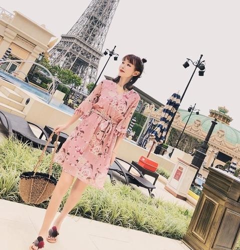 1306. 花柄ハイウエストシフォンワンピース（ピンク）春夏 sale 上品 大人 かわいい 7分袖 花柄 お呼ばれ 女子会