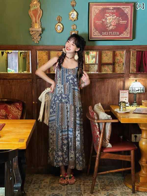 ワンピース 大人 リゾート レディース 民族 風 ドレス 休日 スタイル サスペンダー ドレス ブルー プリント フェアリー ドレス