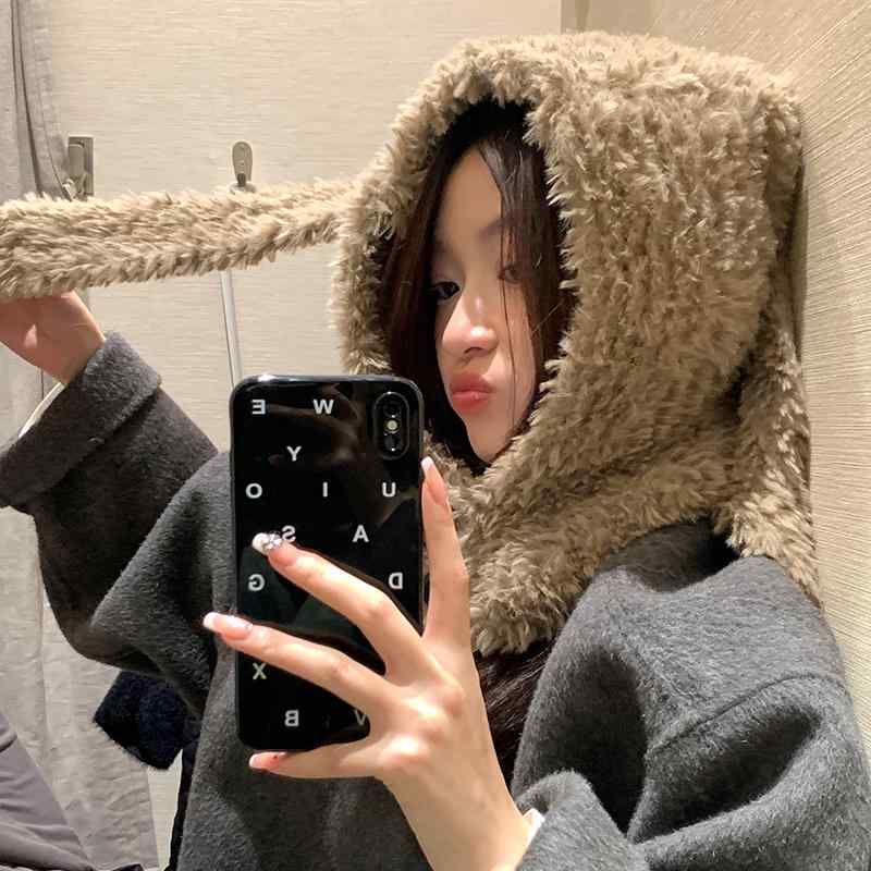 帽子 レディース 冬用 かわいい ウサ耳 目出し帽 ボタン 防寒 暖かい 厚手 ウール 耳 カバー 柔らかい テーマパーク サイクリング カーキ 紫 黒