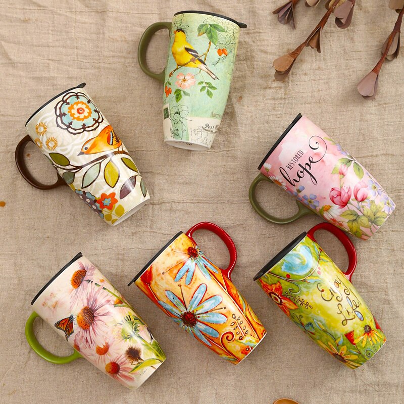 【まとめ買い価格 10セット1】ラブハウスグリーン大容量カップセラミッククリエイティブコーヒー朝食マグカップ蓋付き家庭-X05