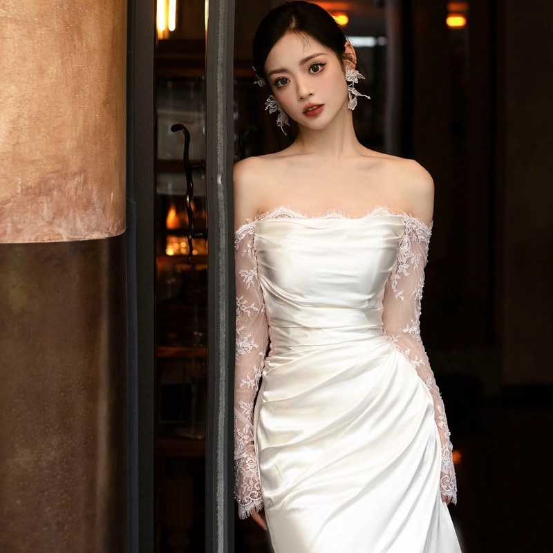 2025夏 ウェディングドレス 結婚式パーティードレス 花嫁 セクシー メッシュ長袖 ワンピース 二次会 ロングドレス レディース
