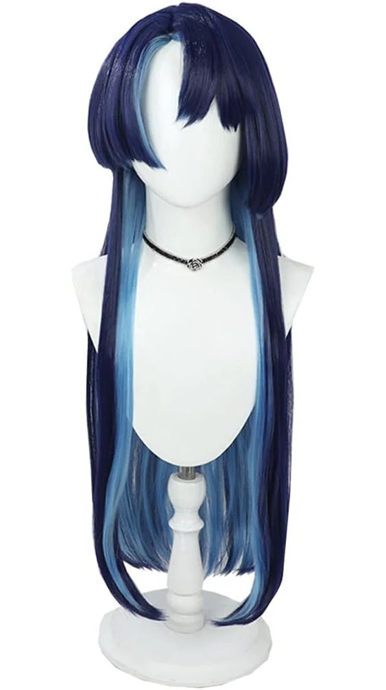 コスプレウィッグAfaer展麟finn紺色水色ネット付き長髪耐熱文化祭小物変身仮ステージ服