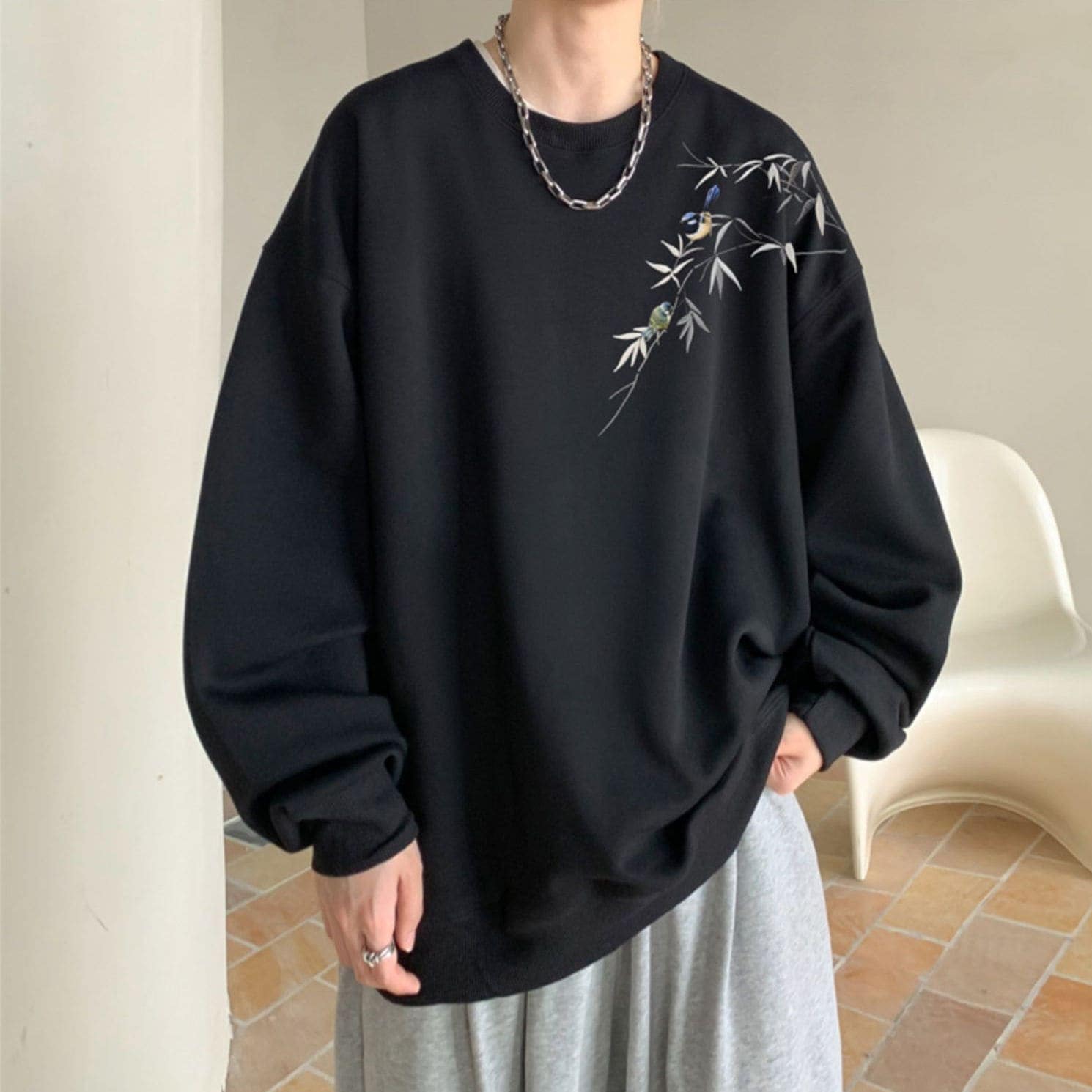 韓国ファッション プリントTシャツ 長袖 スウェット 丸ネックメンズトレーナー ゆったり プルオーバー