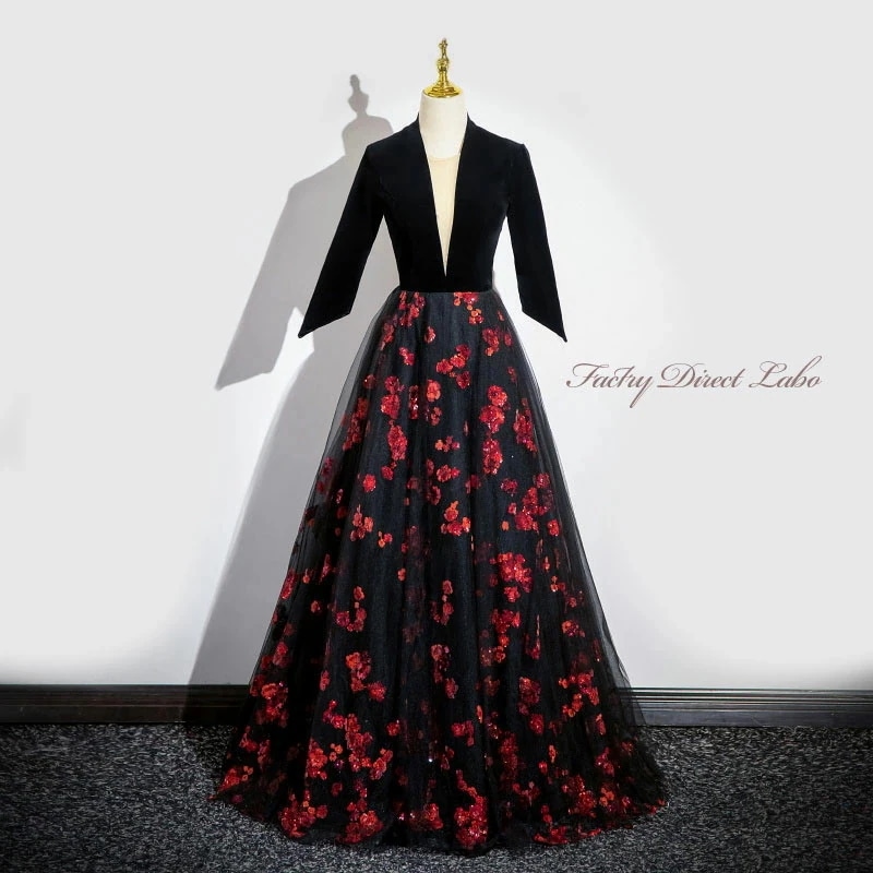カラードレス ロングドレス パーティードレス ブラック Vネック 長袖 花柄 赤 ウェディングドレス ウエディングドレス 結婚式 二次会 花嫁 前撮り 演奏会 発表会 カクテルドレス ブライダル フォ