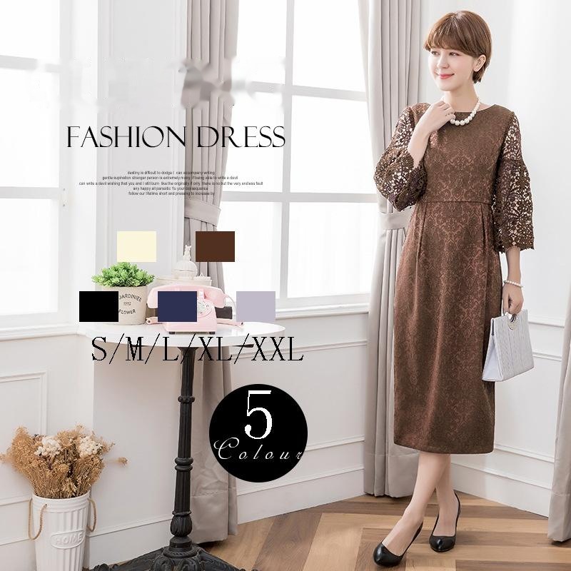 軽やかな大人のエレガントドレス ジャカードレーススプライシングスリーブラウンドネックワンピース 882