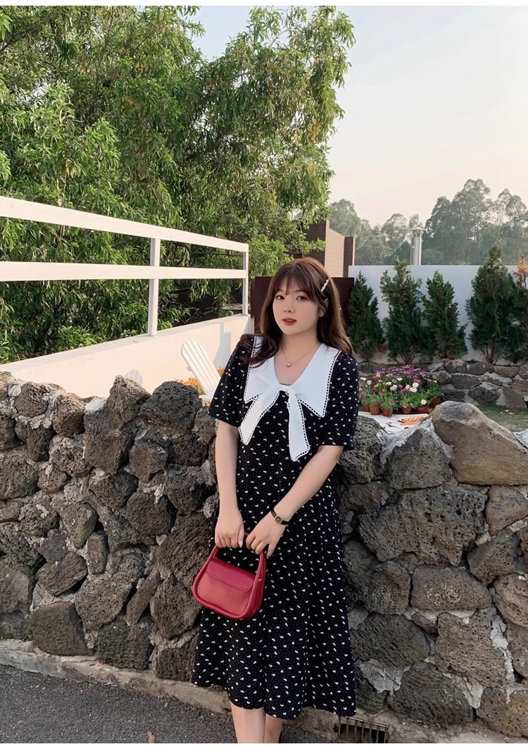 大きいサイズ 婦人服 ちょう結び 襟 ドレス 夏 個性的 ワンピース 袖あり 半袖 Vネック 襟付き かわいい 大人可愛い 大人 上品 おしゃれ お洒落 こなれ感 柄 夏 10代 20代 30代