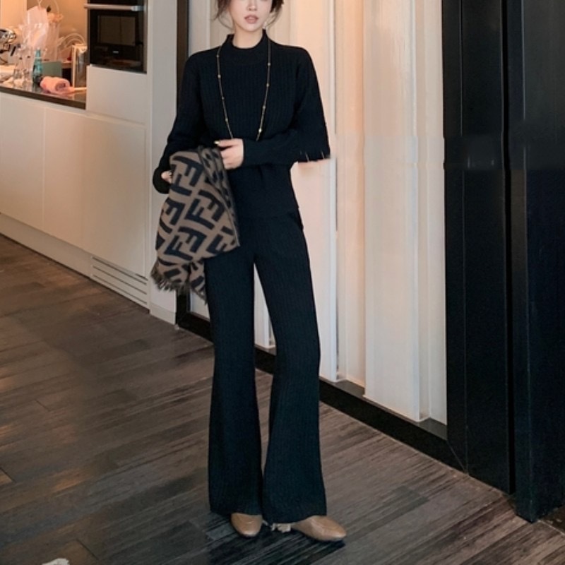 パンツロングパンツ早秋着セット秋女装塩系軽熟小香風セーターワイドパンツ2点セット 4,494円