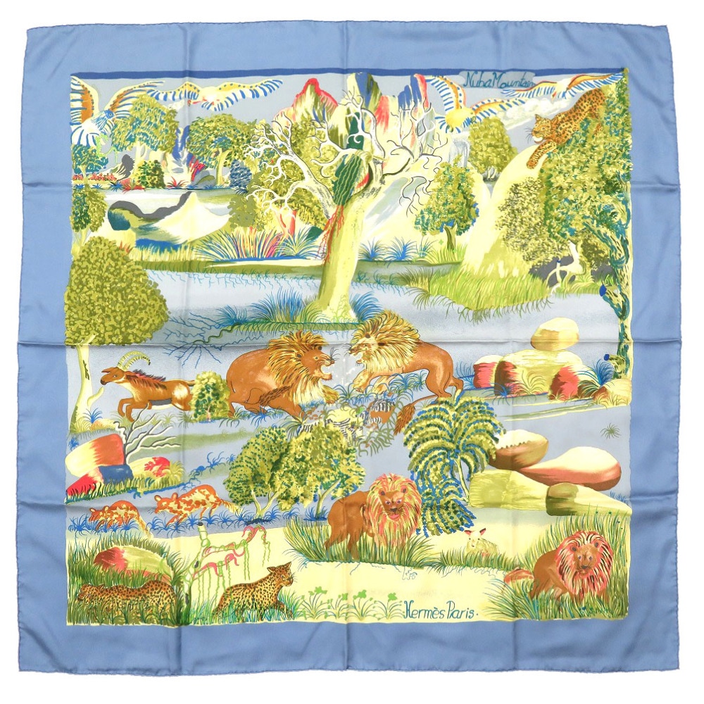美品 カレ90 NUBA MOUNTAIN ヌバマウンテン スカーフ シルク/シルク ブルー 0168【中古】 レディース