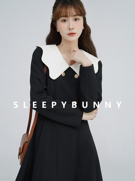 Sleepy Rabbit フレンチ レトロ ブラック A ライン スカート フェイク 2 枚