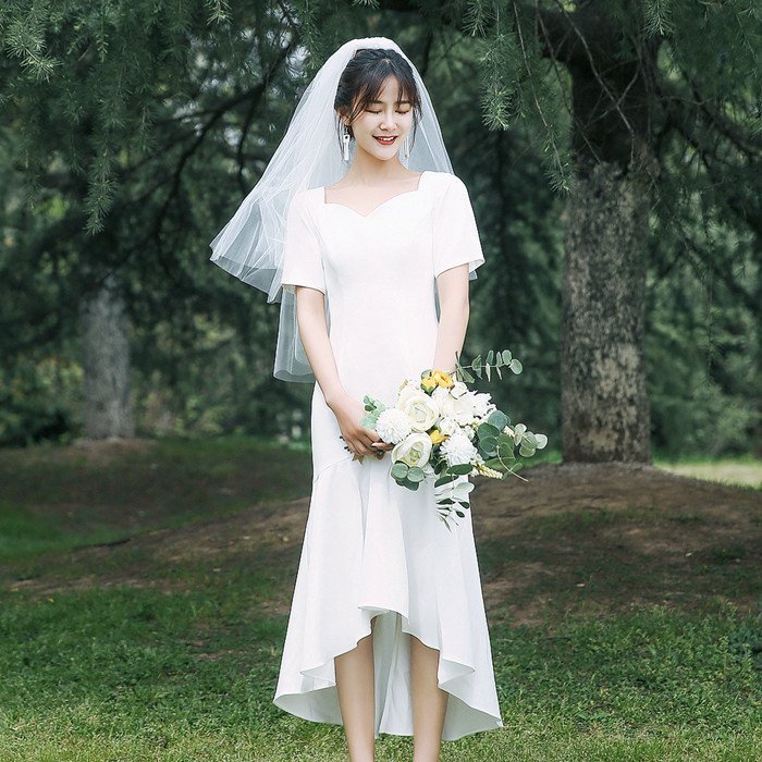 半袖 ミモレ丈 ウェディグドレス ワンピース 結婚式 二次会 花嫁 パーティドレス 結婚式 演奏会 ドレス 発表会 お呼びばれ おしゃれ 前撮り 白 披露宴