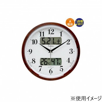 保土ヶ谷電子販売　FORMIA（フォルミア）　電波掛時計　温湿度計付き　夜間自動点灯　ブラウン　HWC-016W-BR