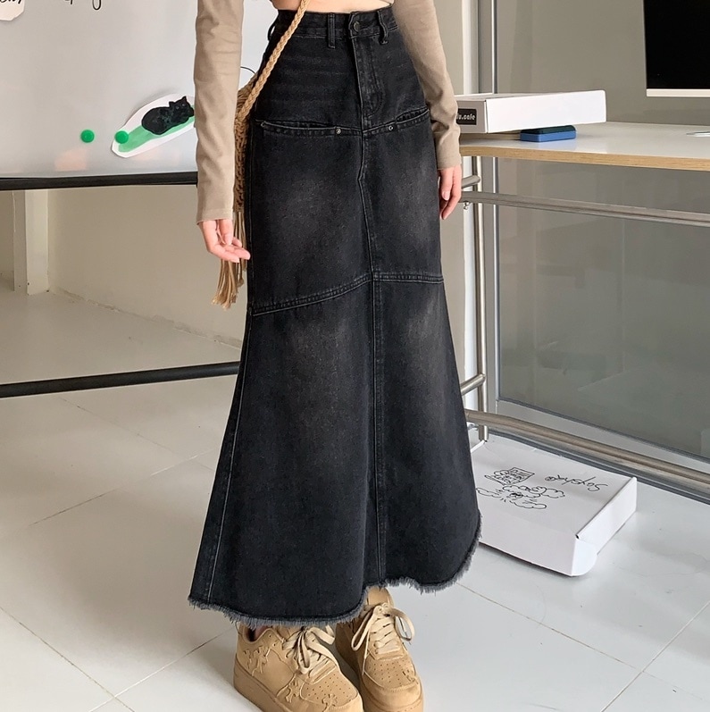 スカート ボトムス デニムスカート ロング ロング丈 マキシ マキシ丈 フレア Aライン ポケット ハイウエスト デニム かわいい 大人可愛い きれいめ シンプル カジュアル おしゃれ お洒落