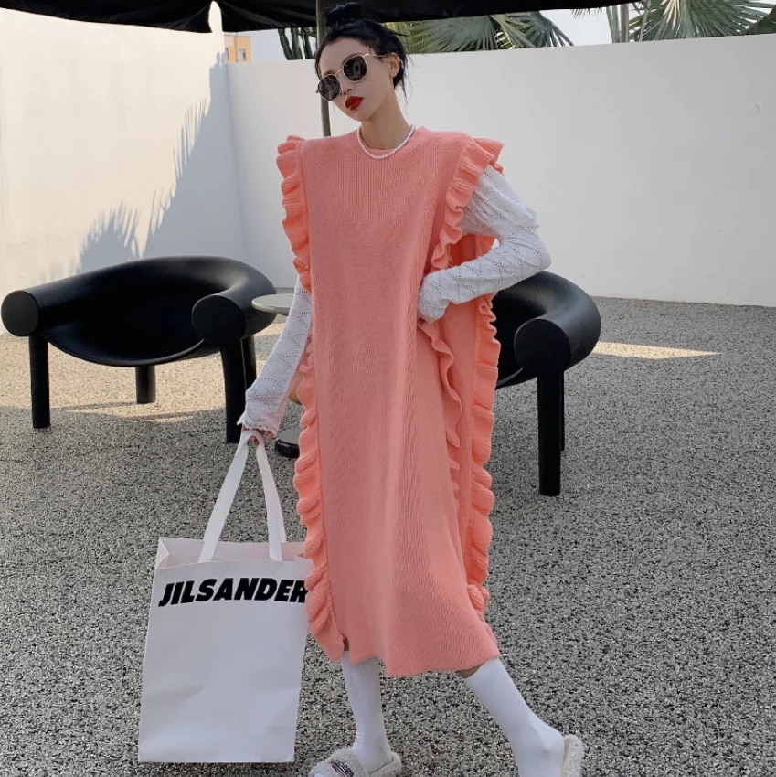 ワンピース ニット ロングスカート ニットスカート ロング丈 袖なし ノースリーブ ラウンドネック ストレート フリル かわいい 大人可愛い きれいめ カジュアル 大人 上品 おしゃれ お洒落