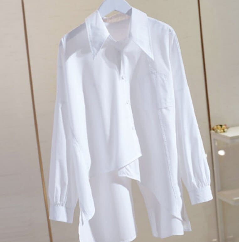 シャツ レディース 長袖 レギュラーカラー ミドル丈 スリット 個性的 トップス デート かわいい 大人可愛い きれいめ シンプル カジュアル 大人 上品 おしゃれ ホワイト ブラック ロングシーズン