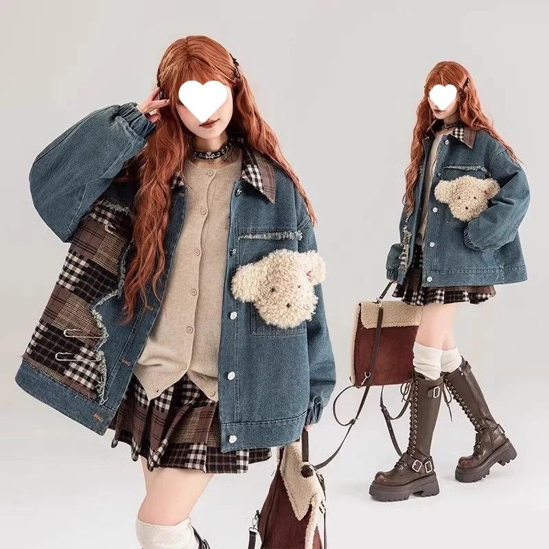 2025春新作 デニムジャケット レディース せっけいかんかく 布を張る いろあわせ コート着 アメリカ 復古 ゆとりがある やせて見える ジャケットカーディガン 韓国 トップス アウター