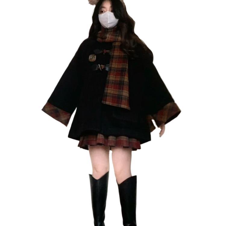 制服秋と冬のウールケープスーツファッションブルーチェック柄ケープスカーフウールコートハーフスカートスーツ