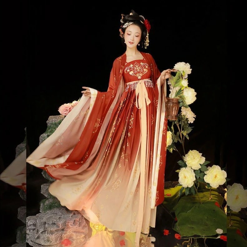 漢服 唐装 華流衣装 中華古代服 中華服 夏着 チャイナ服 中華風 花柄 チャイナ風 プリント柄 古典美人服 舞台衣装 ステージ衣装 グラデーション チャイナドレス イベント 仮装 コスチューム 写