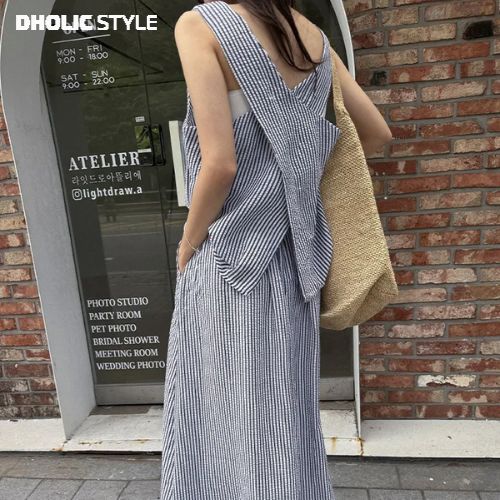 スクエアネックストライプノースリーブ&スカートSET・p668171