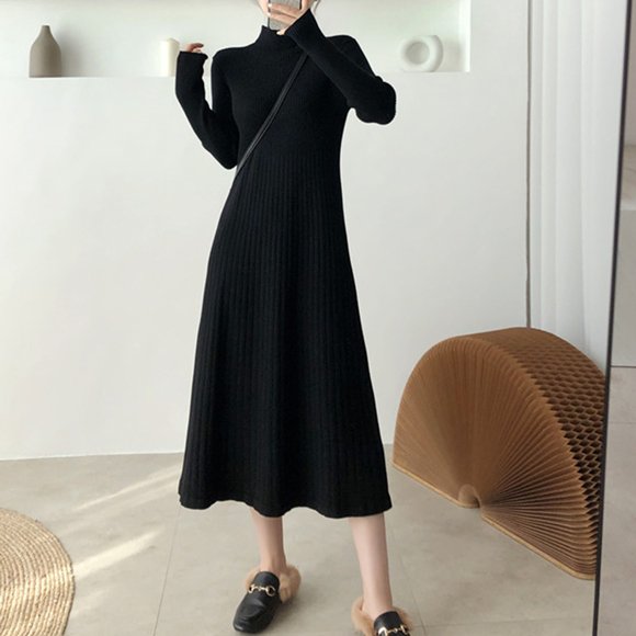 ワイドリブAラインワンピース ワンピース ワンピ Aライン リブニット フレア ニットワンピ ミドル丈 ハイネック ロングワンピ 韓国