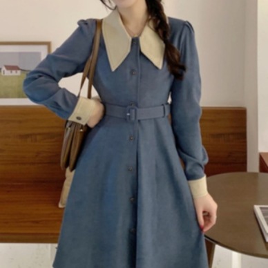 膝丈長袖ワンピース ワンピース シャツ ひざ丈 長袖 襟付き ビックカラー フレア Aライン ベルト