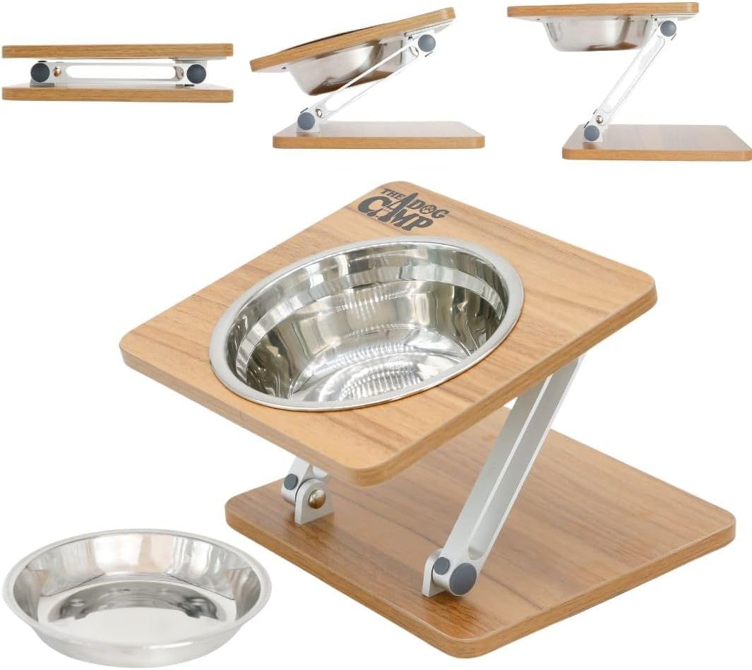 折りたたみフードスタンド（シングルver) (深皿・浅皿付き) 犬 食器 食器台 ペット ボウル 餌入れ 餌台 スタンド付き 高さ調節 角度 傾斜 小型 中型 大型犬 ペットボウル 溢れ止め 水入れ