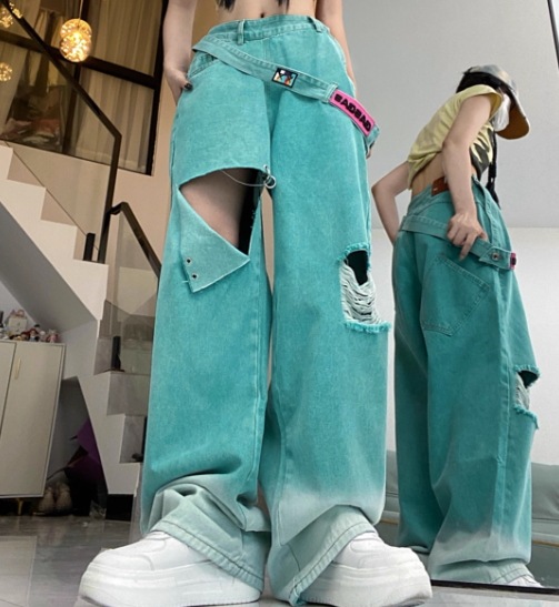レディース パンツ ボトムス Gパン ワイドパンツ 丈長 フルレングス ワイド ストレート ストリート ポケット ハイウエスト アメカジ ダメージ デニム カラーデニム 大人可愛い カジュアル