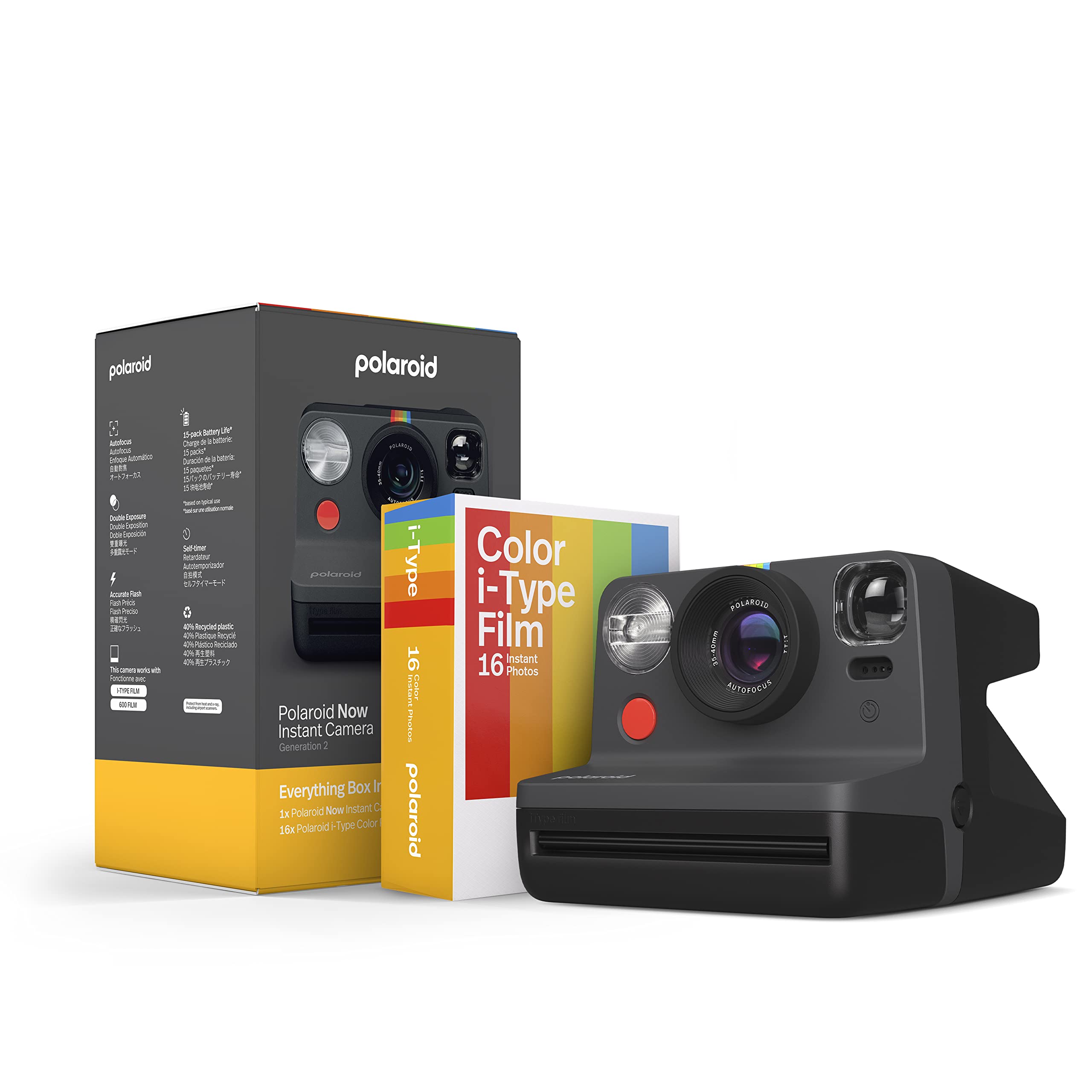 Polaroid Now 第2世代 I-Type インスタントカメラ フィルムバンドル - ブラックカメラ 16色写真 (6248) - ブラック生活家電用アクセサリ・部品