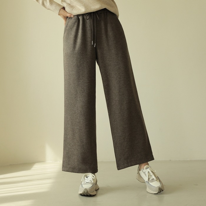 [韓国ファッション] ウエストゴムｘストリング ロングワイドニットパンツ