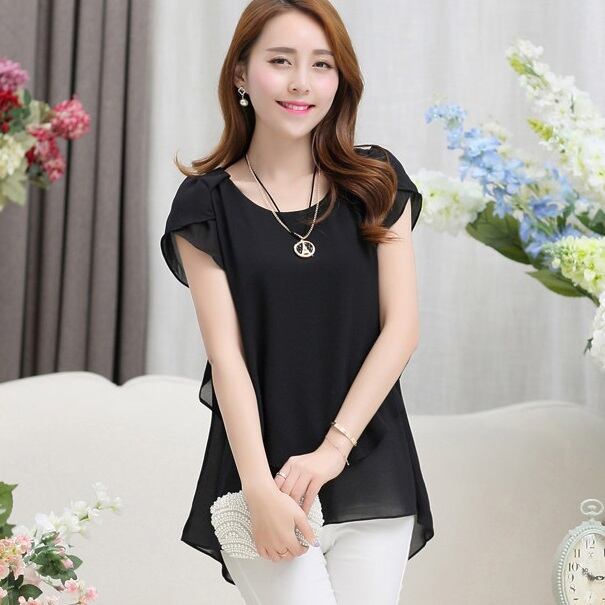 フレアスリーブ シアー トップス シャツ プルオーバー レディース 半袖 ラウンドネック 襟なし ノーカラー フレア フェミニン シフォン 透け感 かわいい 大人可愛い きれいめ シンプル 上品 こな