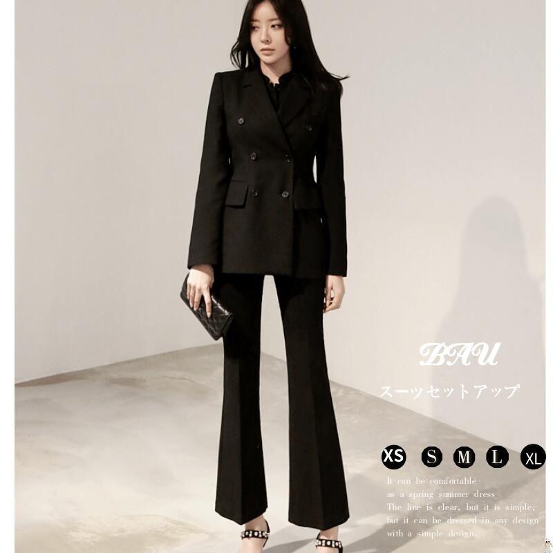 「新作入荷*2点購入で1OO円オフ」韓国 パンツセット 大人 トップス ズボン きれいめ オフィス ブラック　黒 シンプル タイト 着痩せ お呼ばれ ミドル丈 パーテ