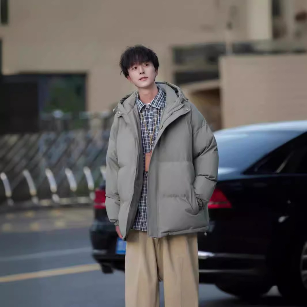 冬メンズカジュアル日本製フード付きコットンコート暖かく厚みのあるブレッドコート無地のゆったりとした万能コットンコートダウンジャケット