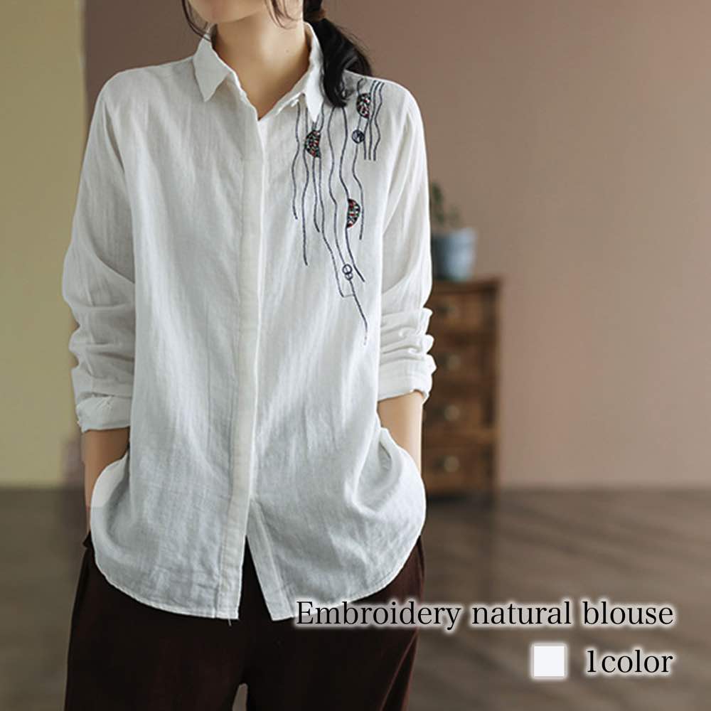 シャツ レディース 刺繍ナチュラルブラウス ロゴ 大人 ブランド 秋 かわいい 春 麻 形態安定 襟付き ブラウス カジュアル 事務服 暖かい 長袖 おしゃれ スポーツ ゆったり しわになりにくい T