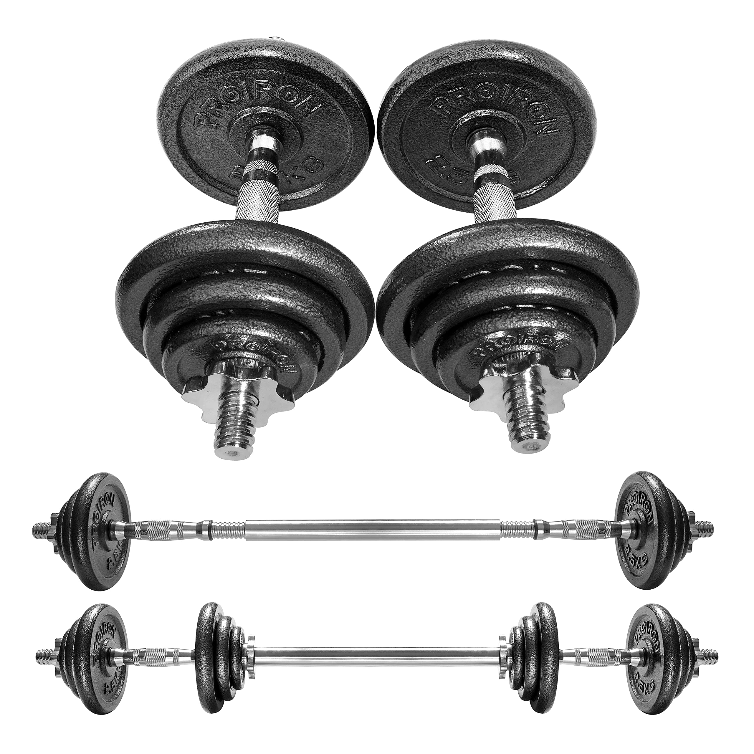 PROIRON ダンベル 可変式 30kg 純鋳鉄 15kg 2個セット コネクション・チューブ（延長用シャフト）でバーベルにもなれるダンベル ホームジム 筋トレーニングとウェイトリフティング用 (合