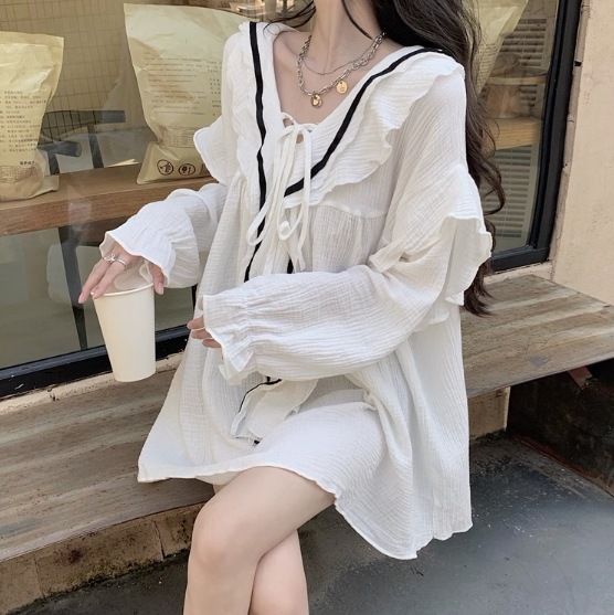 シャツワンピース トップス ワンピース デート ブラウス ショート丈 袖あり 長袖 Vネック シフォン フリル 透け感 シースルー かわいい シンプル カジュアル おしゃれ お洒落 こなれ感 ラフ