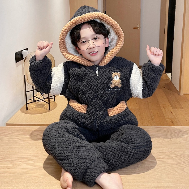 子供用綿パジャマ男の子冬の3層厚手中大童カーデ連帽男児用部屋着セット