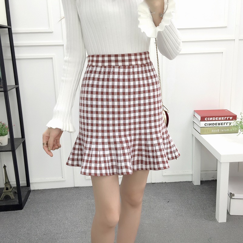3026.春秋に チェック柄ハイウエスト膝丈スカート（レッド）