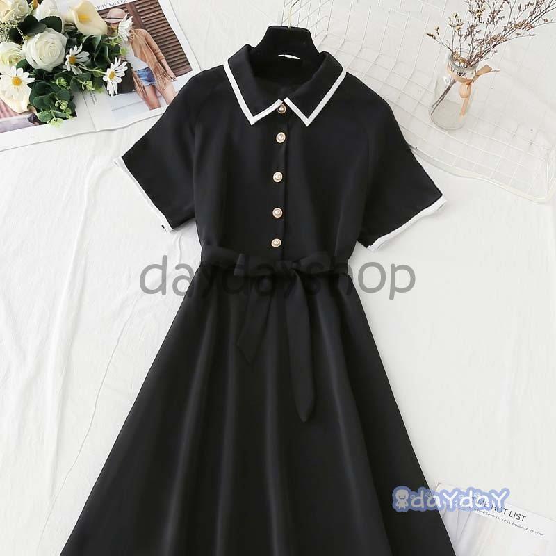 ワンピース フレアワンピ 半袖 ボタン 襟付き モノトーン ウエストリボン クラシカル レタイル ブラック ホワイト お出かけファッション